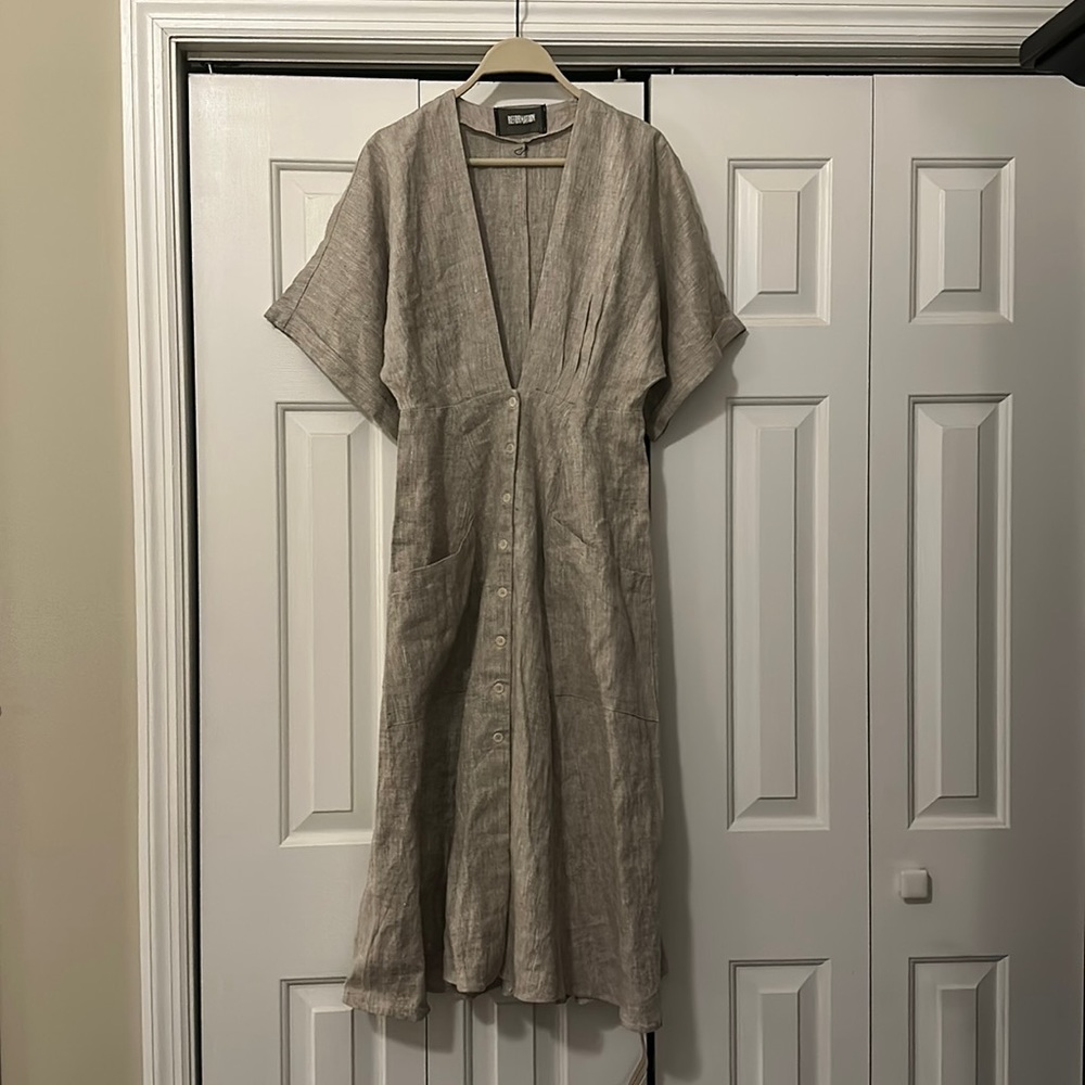 Natural Linen Button-Front Midi Dress in Taupe